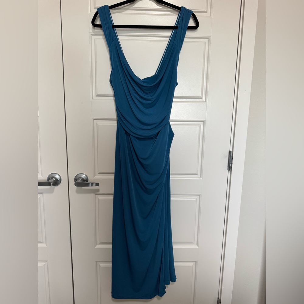Lulus Flawless Dark Teal Slinky Knit Cowl Tie Back Midi Dress